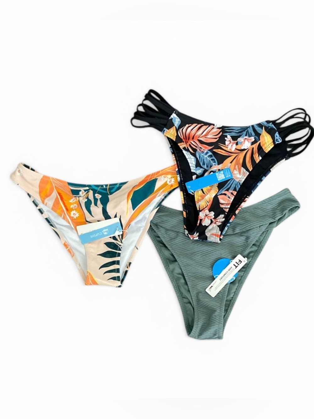 3 New Cupshe Swimsuit Bottoms Size Large Green Floral Tropical Bikini Set